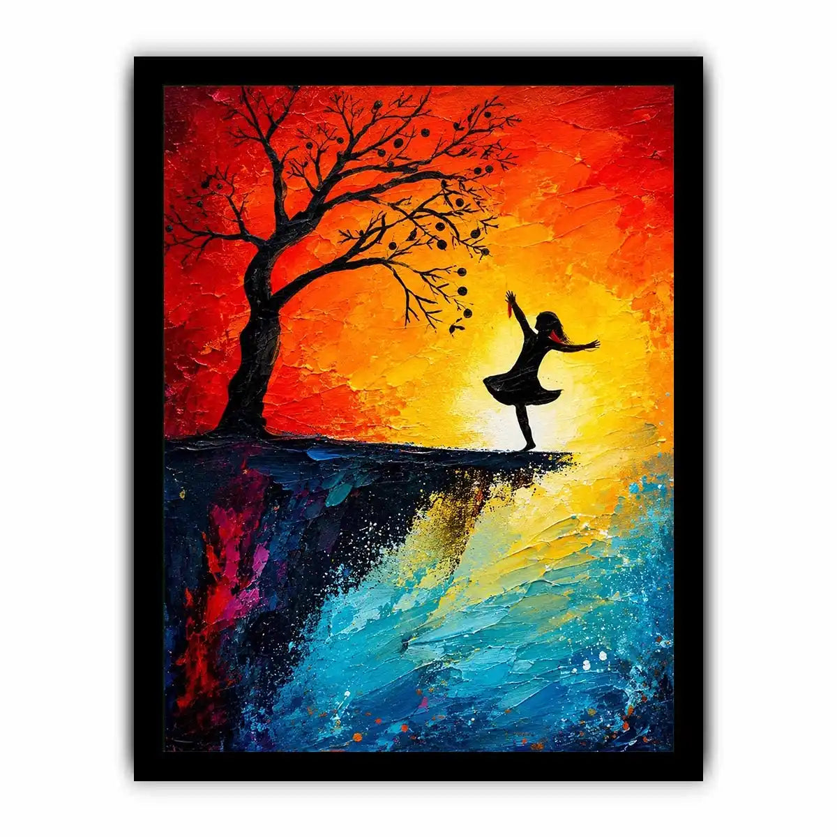 Whimsical abstract painting of dancing girl silhouette beneath tree with vibrant sunset colors