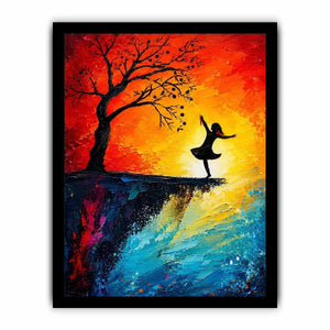 Whimsical abstract painting of dancing girl silhouette beneath tree with vibrant sunset colors