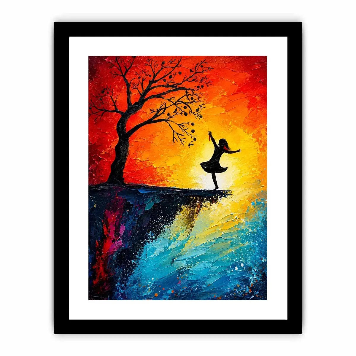 Whimsical abstract painting of dancing girl silhouette beneath tree with vibrant sunset colors