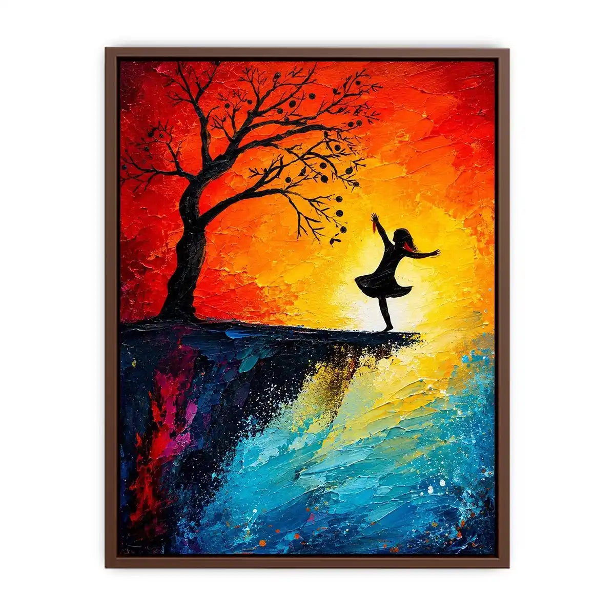 Whimsical abstract painting of dancing girl silhouette beneath tree with vibrant sunset colors