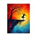 Whimsical abstract painting of dancing girl silhouette beneath tree with vibrant sunset colors