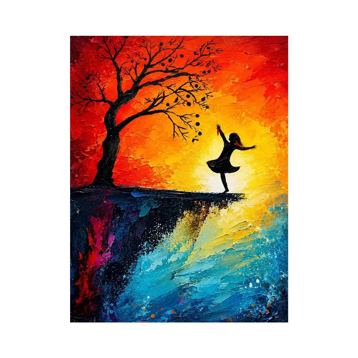 Whimsical abstract painting of dancing girl silhouette beneath tree with vibrant sunset colors