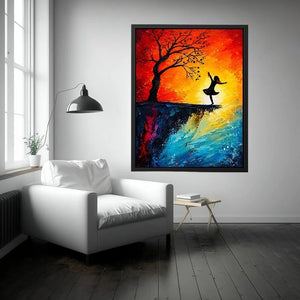 Whimsical abstract painting of dancing girl silhouette beneath tree with vibrant sunset colors