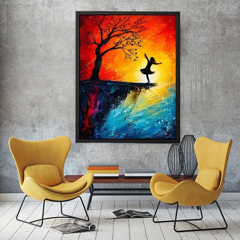Whimsical abstract painting of dancing girl silhouette beneath tree with vibrant sunset colors