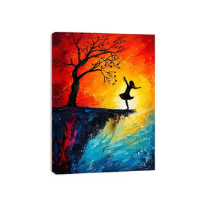 Whimsical abstract painting of dancing girl silhouette beneath tree with vibrant sunset colors