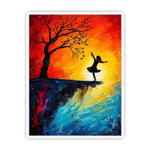 Whimsical abstract painting of dancing girl silhouette beneath tree with vibrant sunset colors