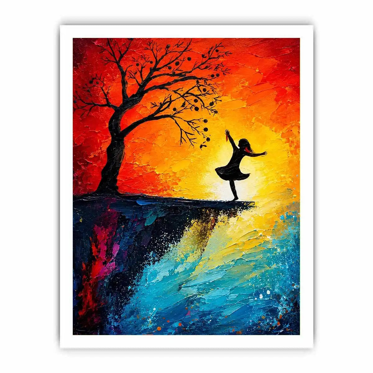 Whimsical abstract painting of dancing girl silhouette beneath tree with vibrant sunset colors