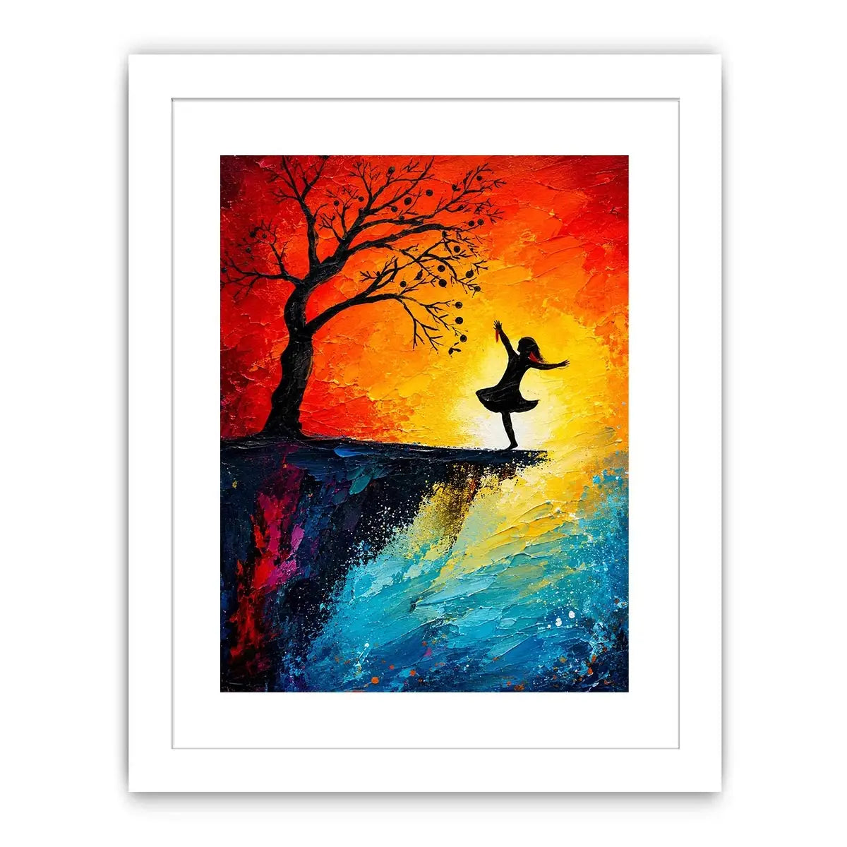 Whimsical abstract painting of dancing girl silhouette beneath tree with vibrant sunset colors