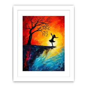 Whimsical abstract painting of dancing girl silhouette beneath tree with vibrant sunset colors