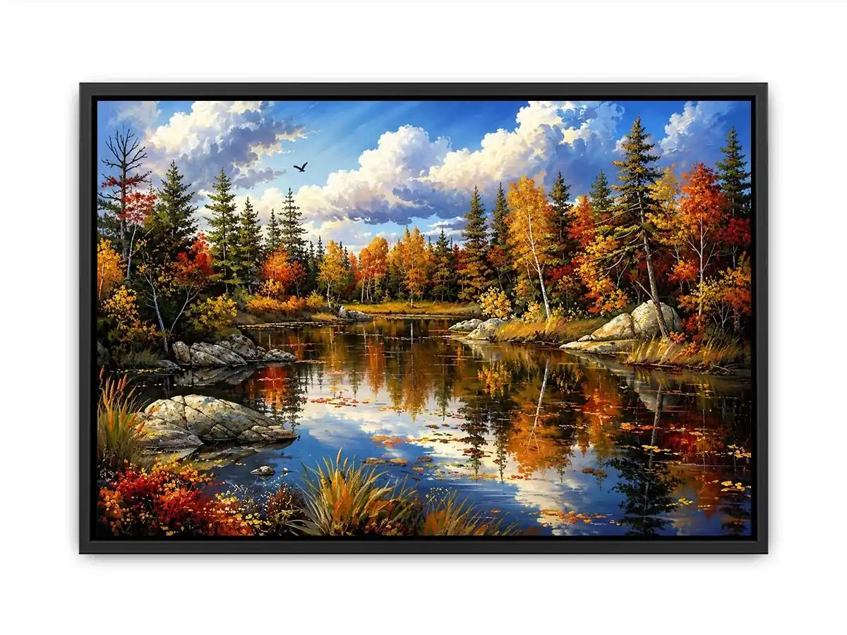 Peaceful autumn lake landscape painting with colorful trees and reflective water