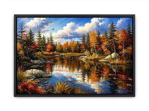 Peaceful autumn lake landscape painting with colorful trees and reflective water
