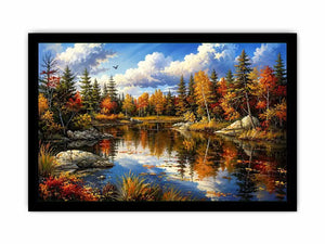 Peaceful autumn lake landscape painting with colorful trees and reflective water