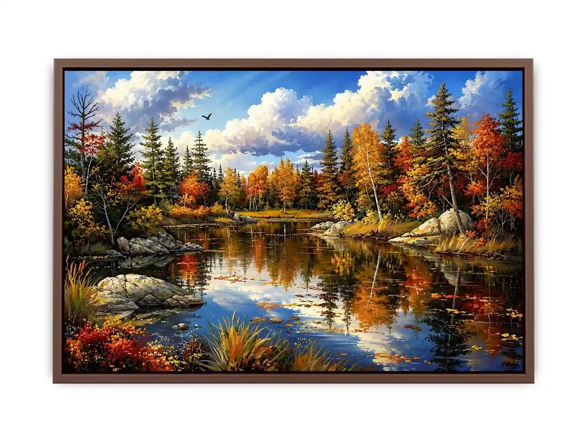 Peaceful autumn lake landscape painting with colorful trees and reflective water