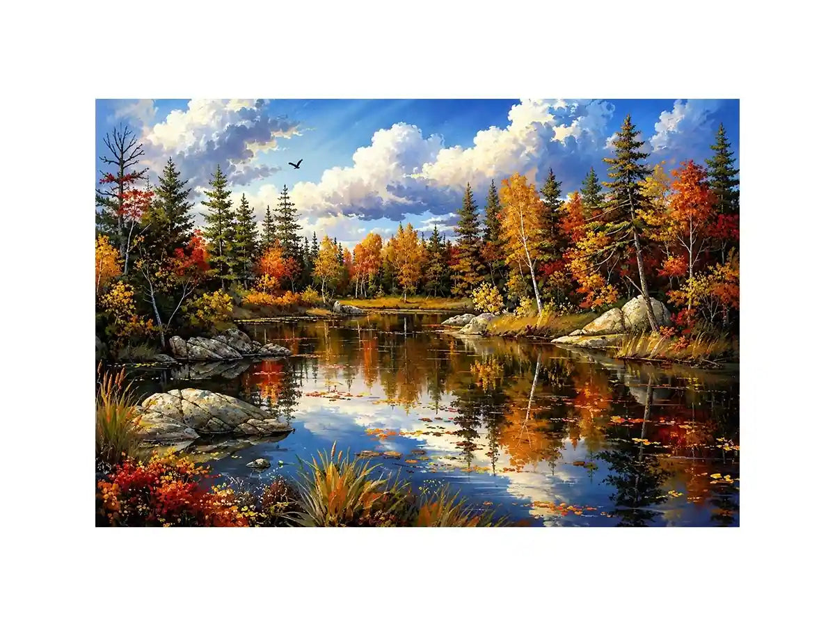 Peaceful autumn lake landscape painting with colorful trees and reflective water