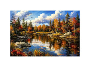 Peaceful autumn lake landscape painting with colorful trees and reflective water