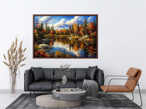 Peaceful autumn lake landscape painting with colorful trees and reflective water