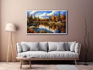 Peaceful autumn lake landscape painting with colorful trees and reflective water