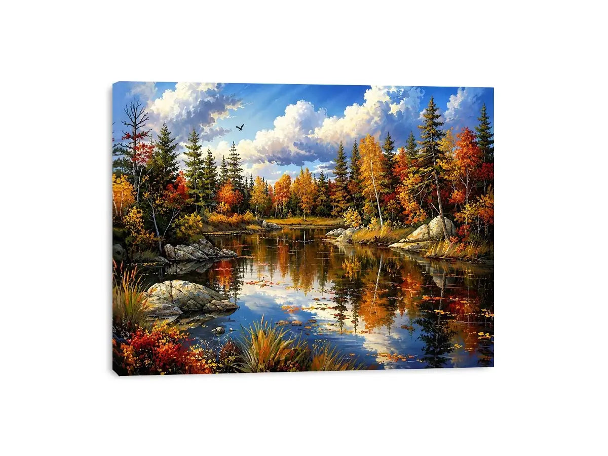 Peaceful autumn lake landscape painting with colorful trees and reflective water