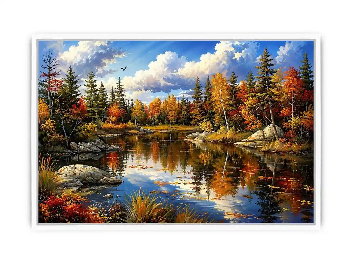 Peaceful autumn lake landscape painting with colorful trees and reflective water
