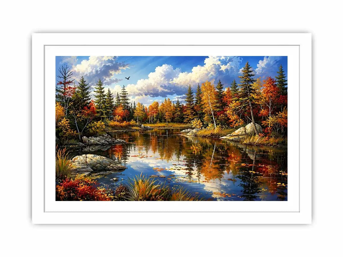 Peaceful autumn lake landscape painting with colorful trees and reflective water