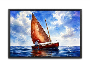 Peaceful watercolor sailboat painting floating on calm blue ocean waters