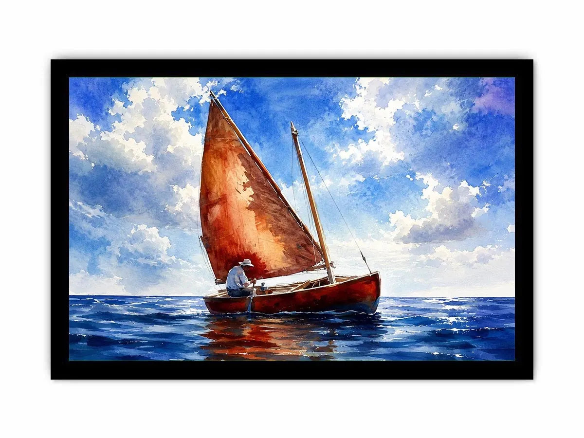 Peaceful watercolor sailboat painting floating on calm blue ocean waters