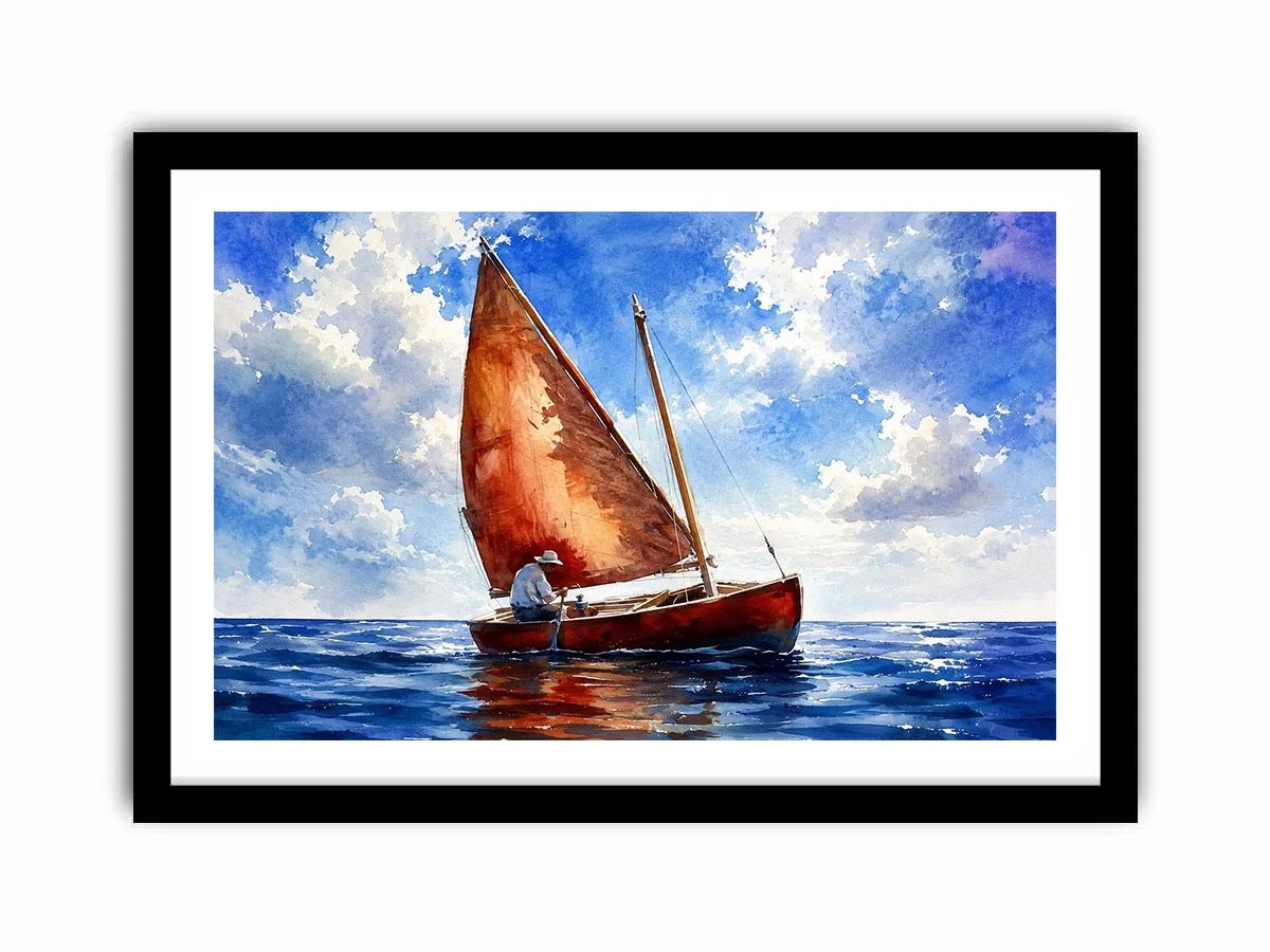 Peaceful watercolor sailboat painting floating on calm blue ocean waters