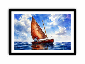 Peaceful watercolor sailboat painting floating on calm blue ocean waters
