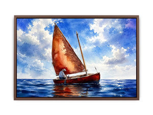 Peaceful watercolor sailboat painting floating on calm blue ocean waters