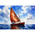Peaceful watercolor sailboat painting floating on calm blue ocean waters