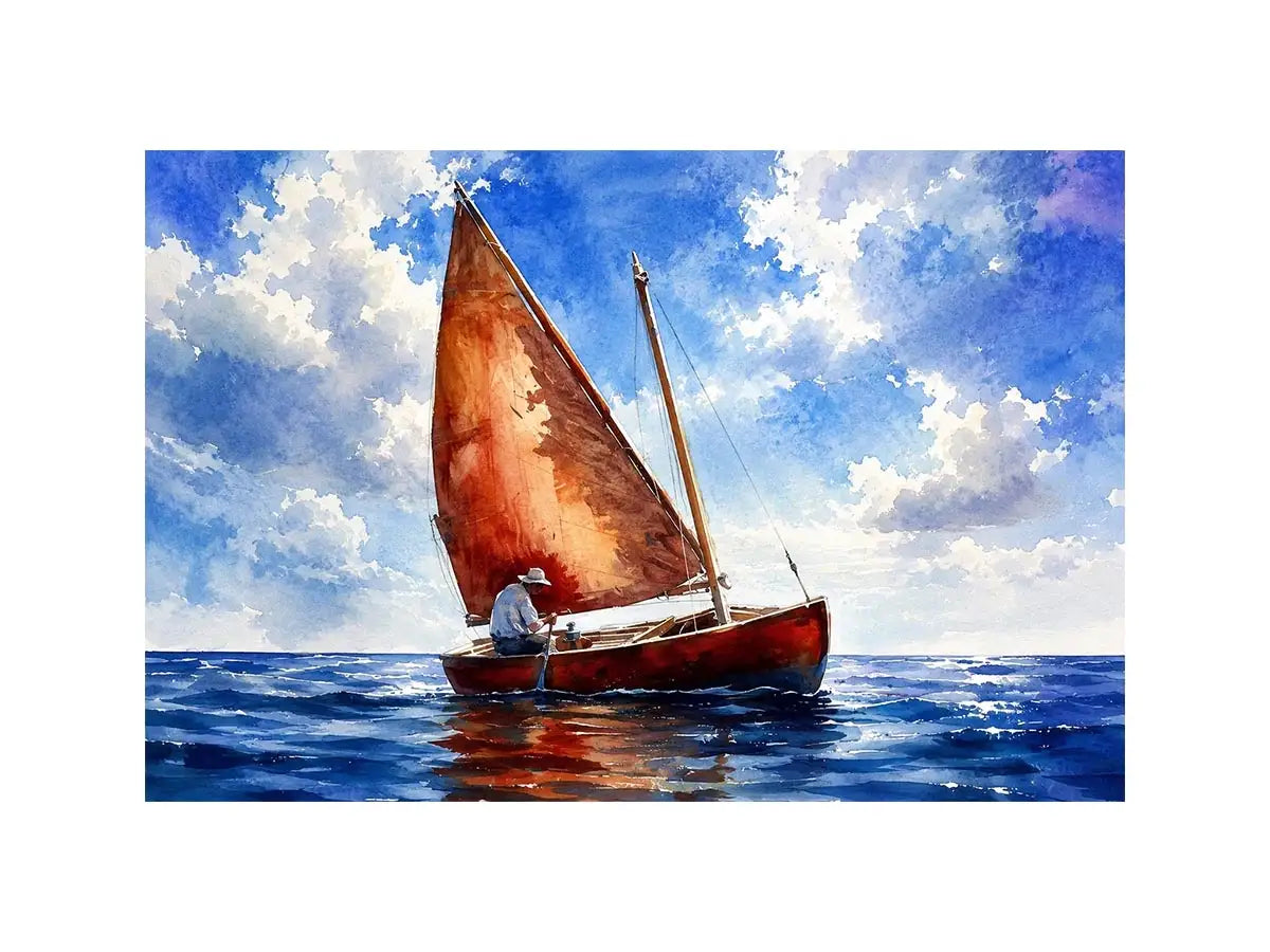 Peaceful watercolor sailboat painting floating on calm blue ocean waters