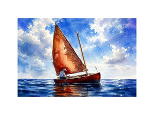 Peaceful watercolor sailboat painting floating on calm blue ocean waters