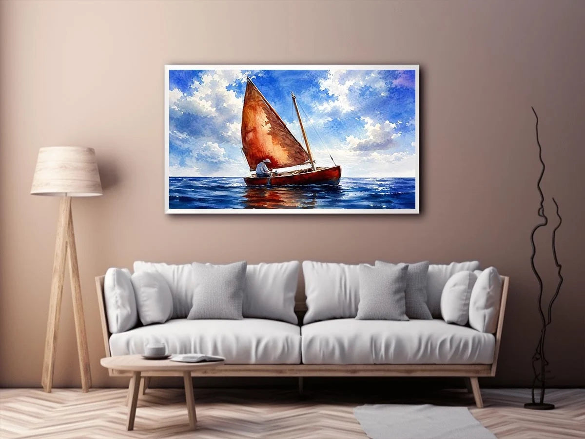 Peaceful watercolor sailboat painting floating on calm blue ocean waters