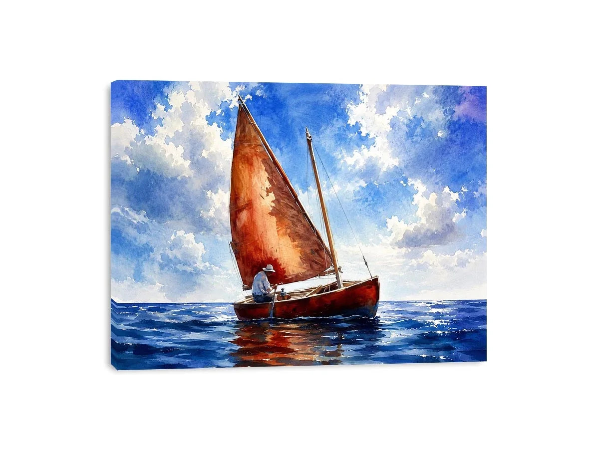 Peaceful watercolor sailboat painting floating on calm blue ocean waters