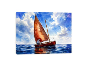 Peaceful watercolor sailboat painting floating on calm blue ocean waters