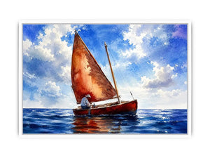Peaceful watercolor sailboat painting floating on calm blue ocean waters