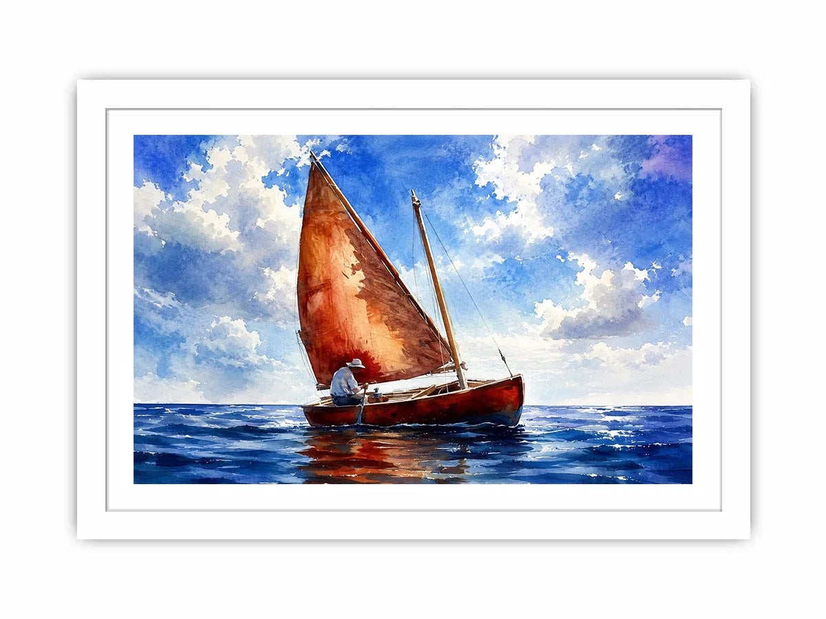 Peaceful watercolor sailboat painting floating on calm blue ocean waters