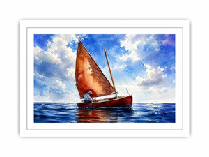 Peaceful watercolor sailboat painting floating on calm blue ocean waters