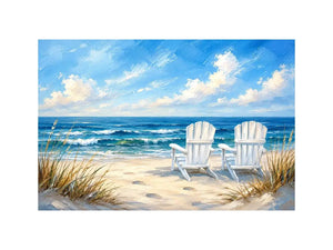 White beach chairs overlooking calm ocean waves on a sandy coastal shoreline