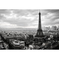 Black and white panoramic view of the Eiffel Tower overlooking the Paris cityscape