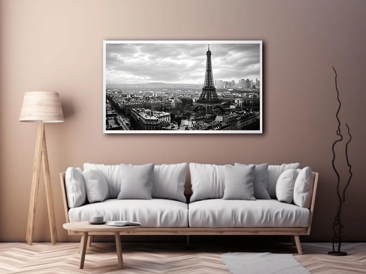 Black and white panoramic view of the Eiffel Tower overlooking the Paris cityscape
