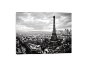 Black and white panoramic view of the Eiffel Tower overlooking the Paris cityscape