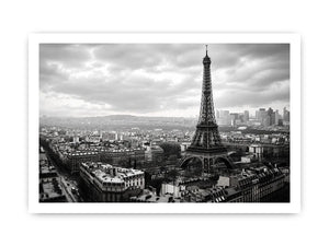 Black and white panoramic view of the Eiffel Tower overlooking the Paris cityscape