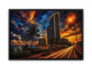 Miami skyline sunset with palm trees and glowing highway light trails