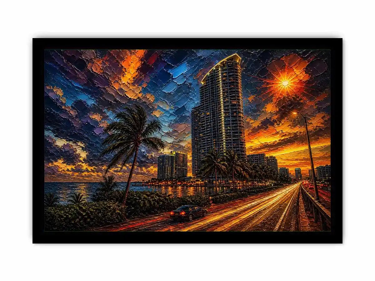 Miami skyline sunset with palm trees and glowing highway light trails