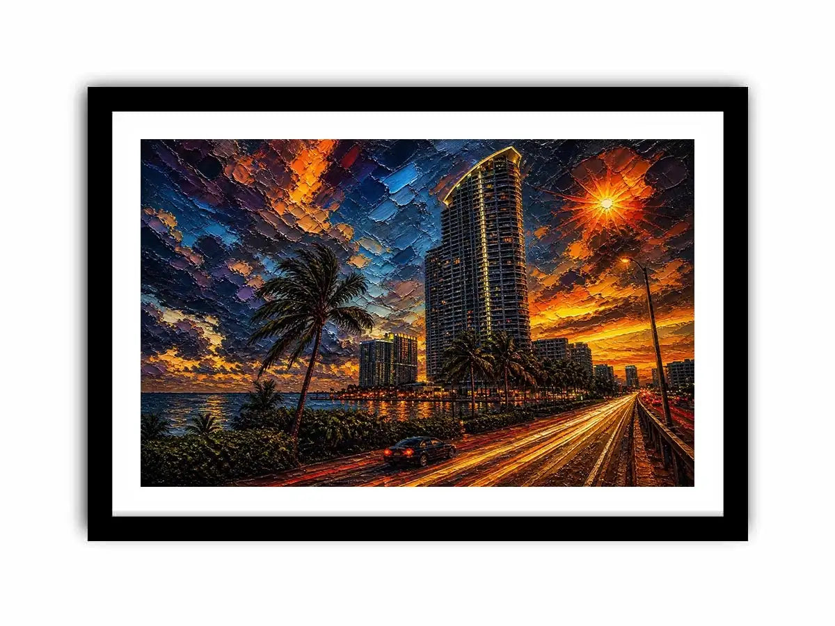 Miami skyline sunset with palm trees and glowing highway light trails