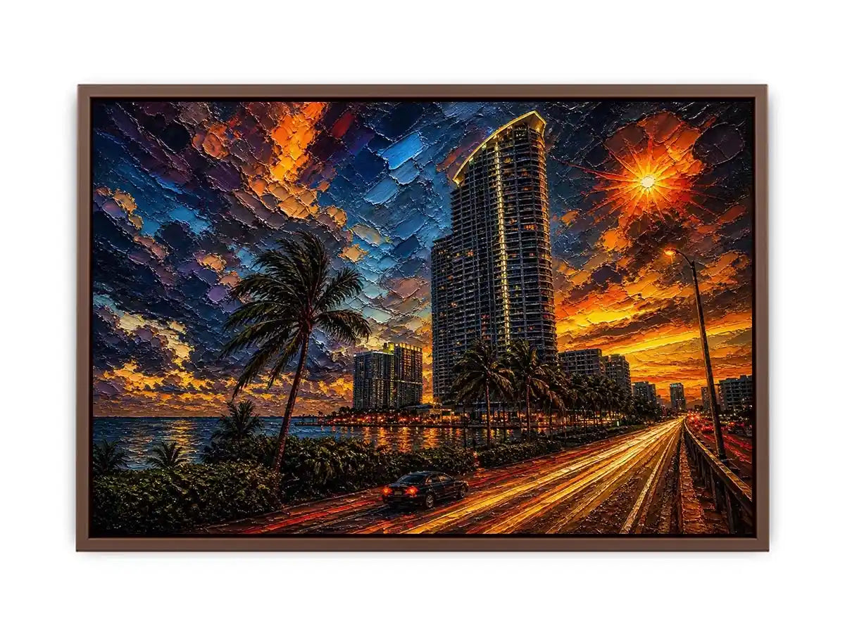 Miami skyline sunset with palm trees and glowing highway light trails