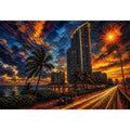 Miami skyline sunset with palm trees and glowing highway light trails