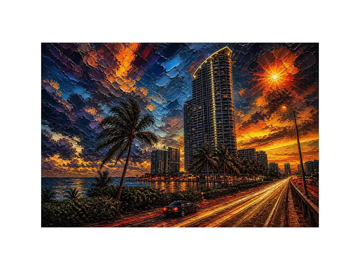 Miami skyline sunset with palm trees and glowing highway light trails