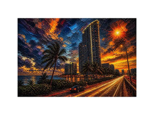 Miami skyline sunset with palm trees and glowing highway light trails